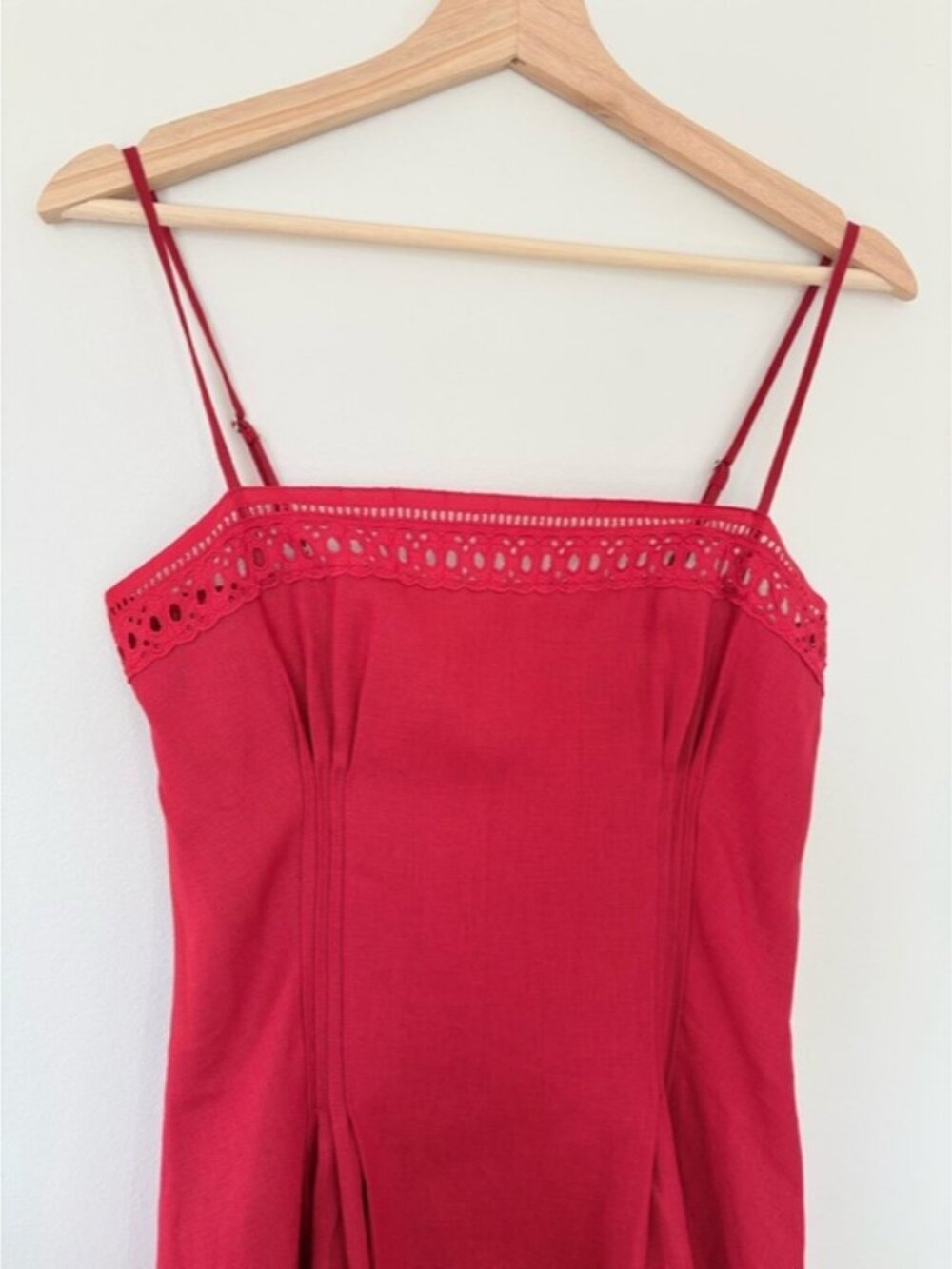 NEW Reformation Pomona Linen Lace Trim Midi Dress Lipstick Red | US 6 UK 10 - Picture 6 of 12